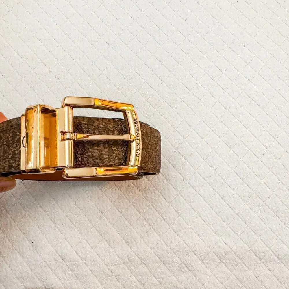 Michael Kors Printed Logo Brown Leather Belt Gold Buckle Size L